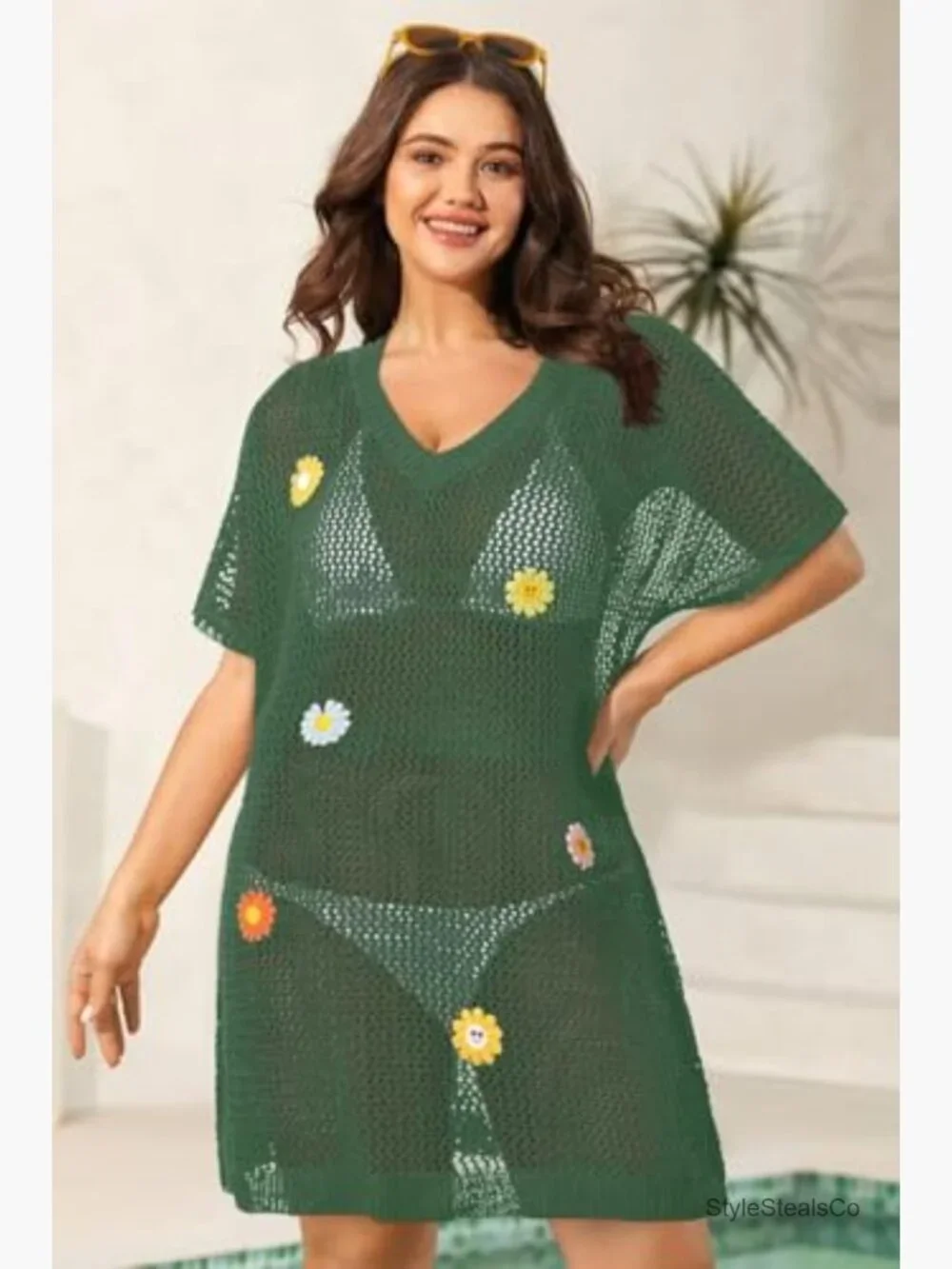 V Neck Short Sleeve Crochet Beach Dress Coverup